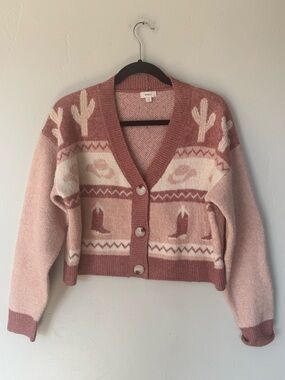 Debut Women's Western Pink and Cream Cardigan Sweater Small